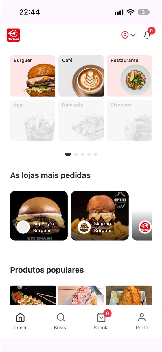 Tela inicial do app MixFood com categorias de comida, lojas mais pedidas e produtos populares